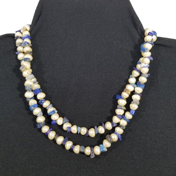 Pearls & Lapis Lazuli Choker Necklace Baroque Freshwater Pearls and Lapis Chips - Picture 5 of 10